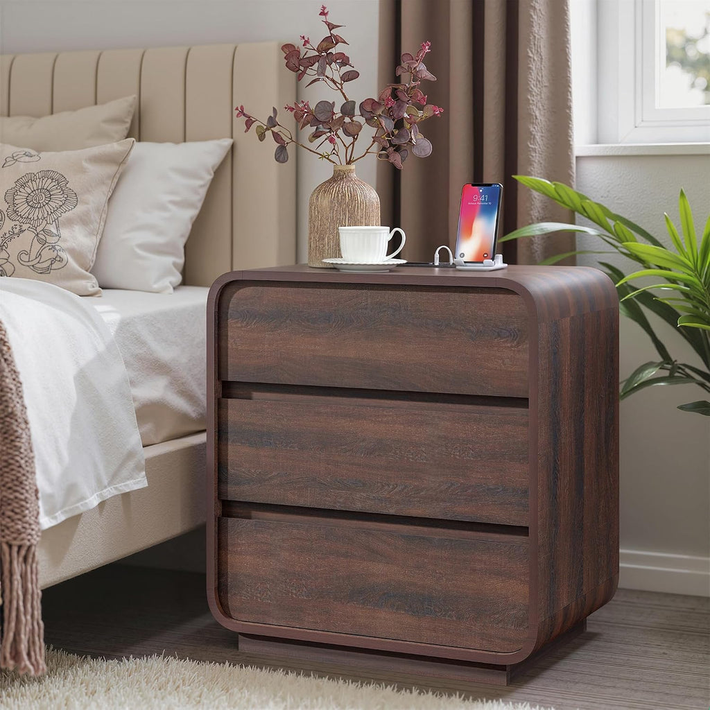 Standifurno Walnut 3 Drawers Nightstand, 25' Tall Wooden Bedside Table with Charging Station, Large Side Table Curved Profile, Handleless, Large End Table Night Stand for Bedroom, Office