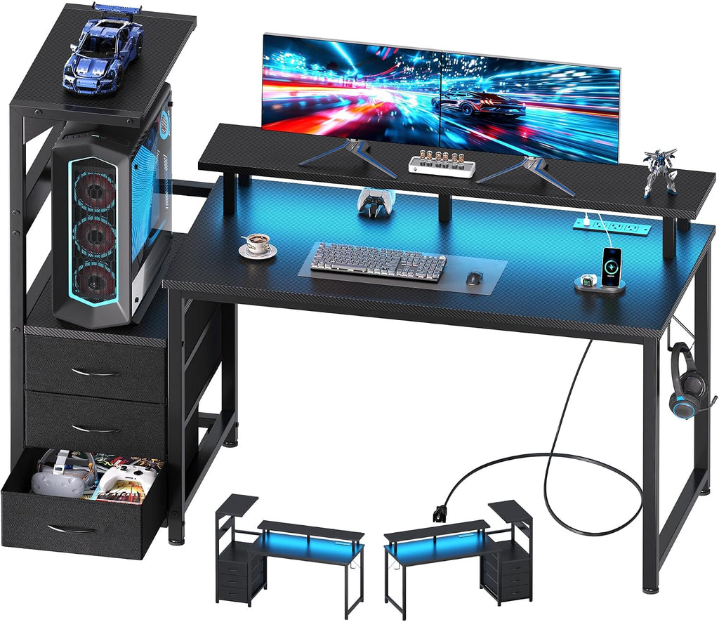 NEWBULIG Computer Gaming Desk with USB Charging Ports & LED Light, 52inch Home Office Desk with Storage Shelves & Monitor Stand, Work Study Corner Table with Drawer, Carbon Fiber Black