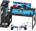 NEWBULIG Computer Gaming Desk with USB Charging Ports & LED Light, 52inch Home Office Desk with Storage Shelves & Monitor Stand, Work Study Corner Table with Drawer, Carbon Fiber Black