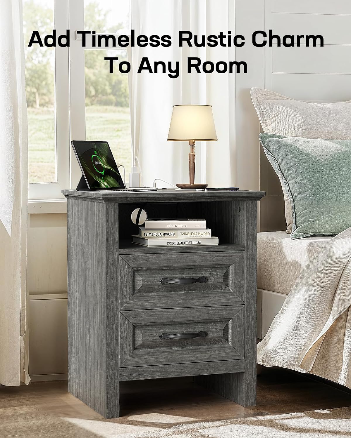 Marsail Nightstand for Bedroom, Night Stand with Charging Station, Bedside Table with 2 Drawers & Open Shelf, Farmhouse End Table Storage Cabinet, Gray