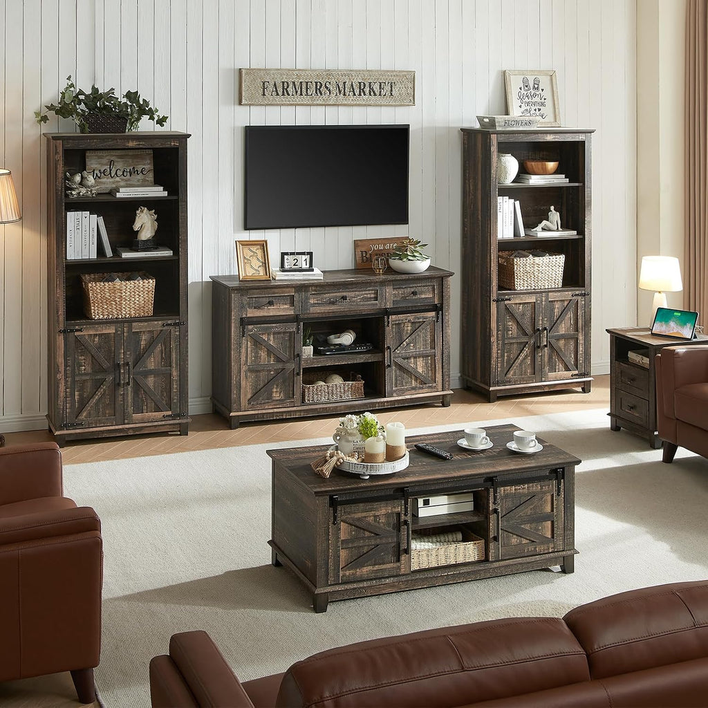 AMERLIFE 4-Piece Farmhouse Furniture Set: Sliding Barn Door TV Stand, Coffee Table, and Two End Tables with Charging Station for Living Room, Bedroom, Rustic Oak Black