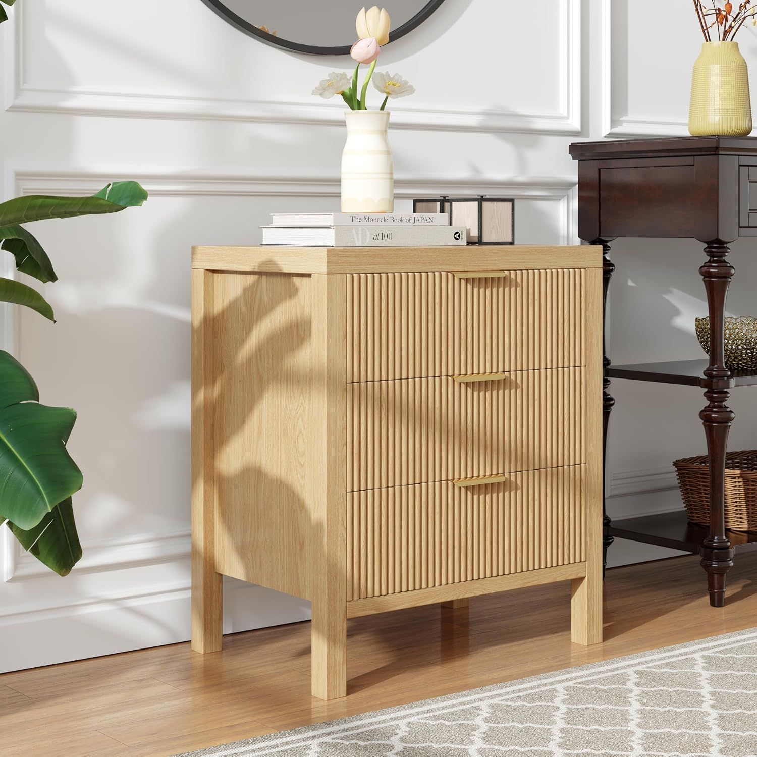 End Table with Storage, Wooden Farmhouse Nightstands with 3 Drawers, Bedside Table - Boho Tall Side Table Accent for Bedroom, Living Room, Nature