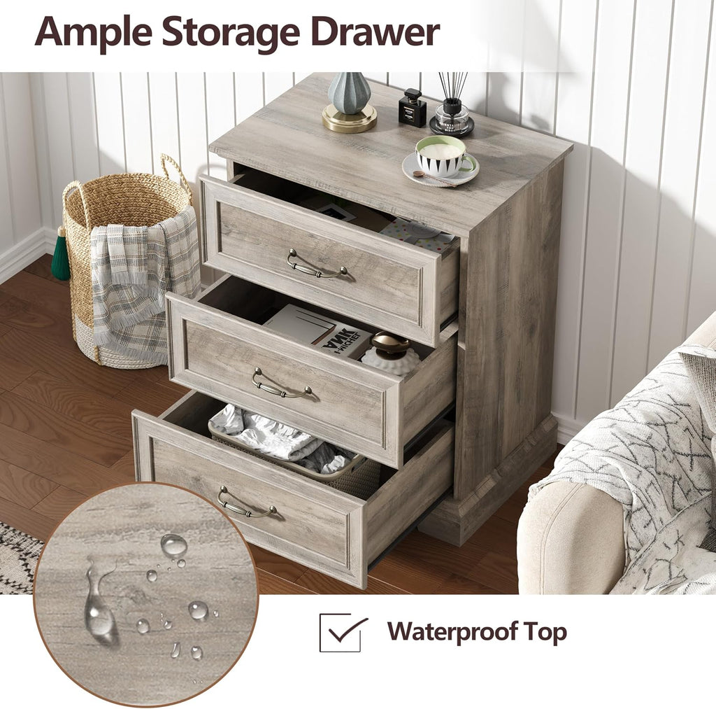 Nightstand Set of 2,24' Wide End Table with 3 Large Drawers & Metal Handles,Rustic Farmhouse Wood Small Dresser,Bedside Table,Modern Chest of Drawers for Bedroom,Living Room,Grey