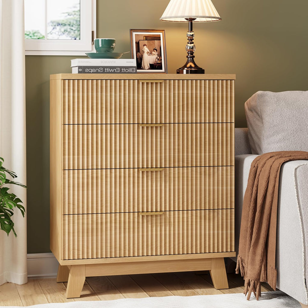 Fluted Nightstand, 31.5' Wide Side Table with 4 Large Storage Drawers, Mid Century Modern Wood Night Stand with Metal Handle, Wooden Bedside End Table for Bedroom, Living Room, Closet, Natural Oak