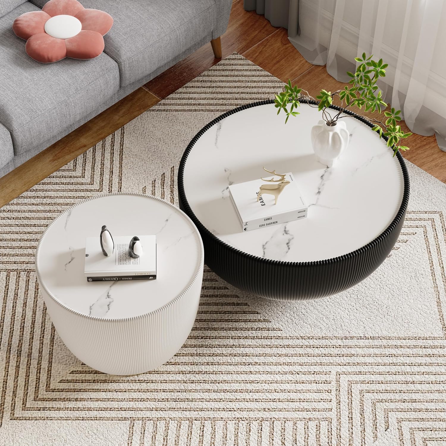 Modern Round Coffee Table Set of 2 Luxury Sintered Stone Top Coffee End Table in Black/White Leatherette Creative Bowl-Shape Small Coffee Side End Tables for Living Room Bedroom