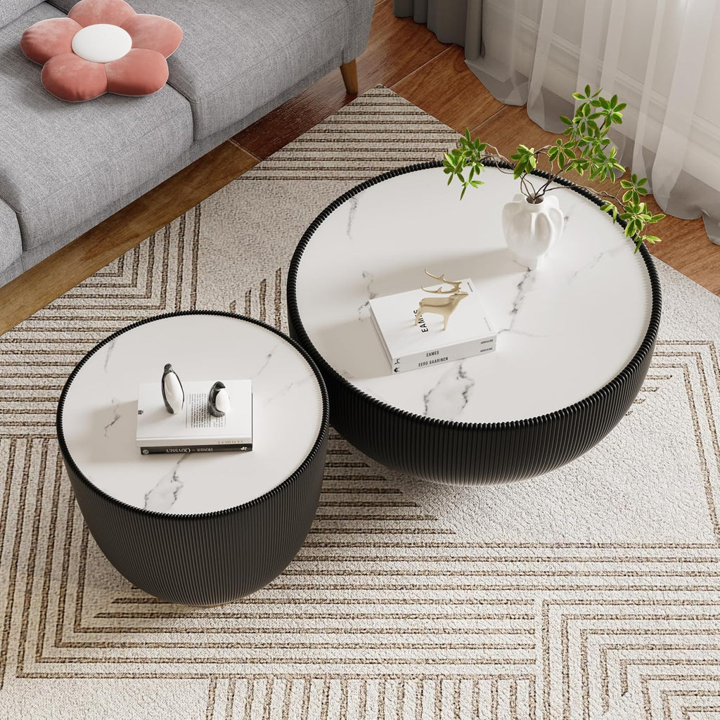 Modern Round Coffee Table Set of 2 Luxury Sintered Stone Top Coffee End Table in Black Leatherette Creative Bowl-Shape Small Coffee Side End Tables for Living Room Bedroom