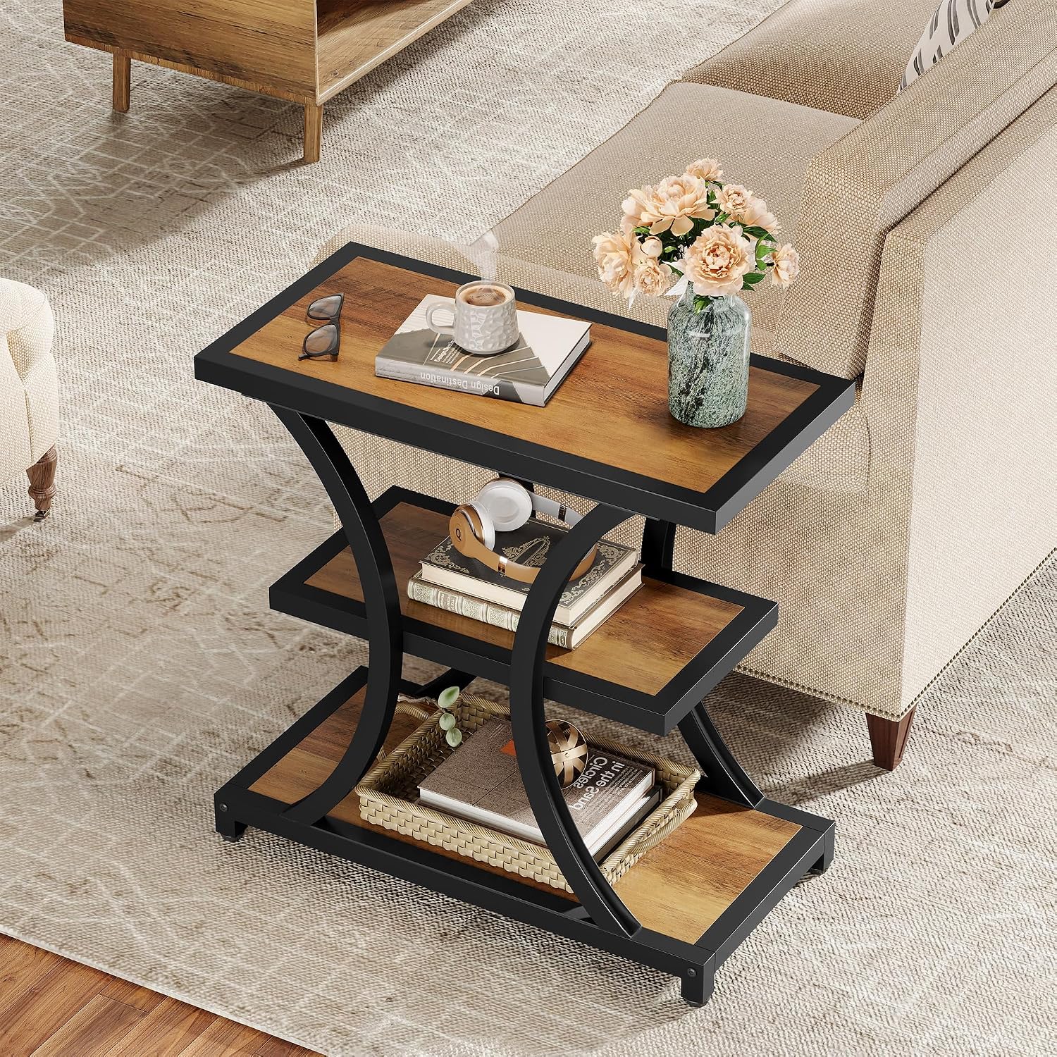 Tribesigns End Table Set of 2, 3-Tier Side Table with Geometric Metal Design, Industrial Nightstand for Small Spaces, Living Room, Bedroom, Study Room (Rustic Brown)