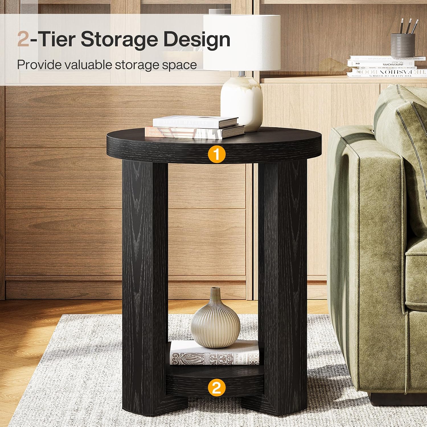 Tribesigns Round Side Table, 2-Tier End Table for Living Room & Bedroom, Small Accent Table with Storage Shelf (2, Black)