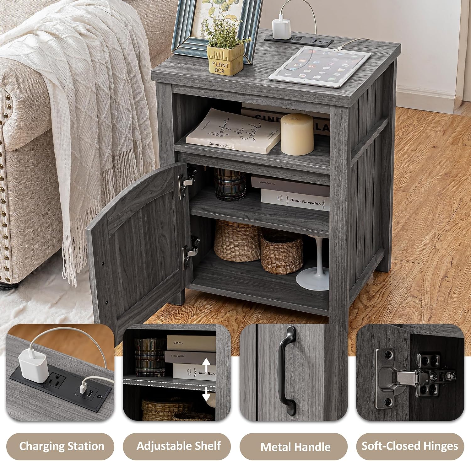 Farmhouse Nightstand with Charging Station Set of 2, 18' End Table with Adjustable Storage Shelf, Rustic Wood Sofa Side Table with Door for Living Room, Bedroom, Dark Gray