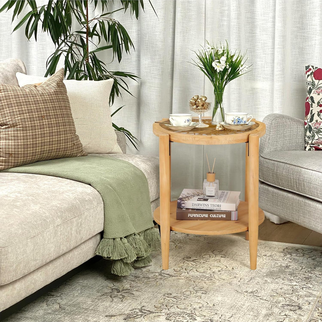 RUSTOWN Rattan Nightstands Set of 2,Boho Wood Round Side Tables, 2-Tier Natural End Table with Glass Top and Wood Legs, Sofa Side Table Bedside Table for Living Room Bedroom Couch(Natural)