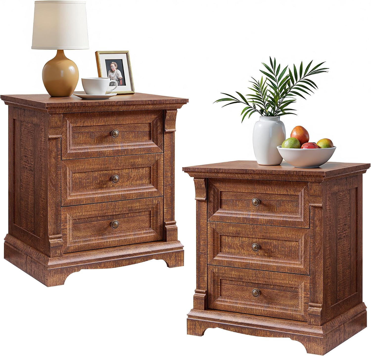 Farmhouse Nightstand Set of 2, 24' End Table with 3 Drawers Storage, Wood Side Table w/Roman Column, End Tables Living Room Set Of 2, Bedside Cabinet for Bedroom, Living Room, Reclaimed Barnwood