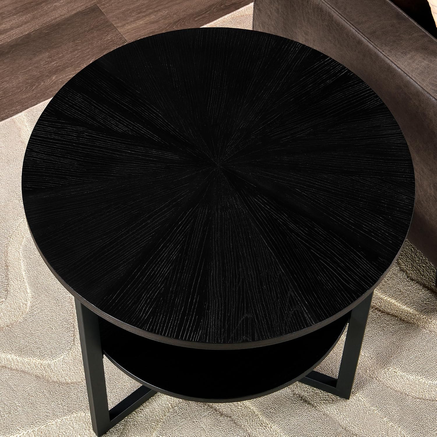 Large Round End Table with Storage Shelf, Rustic Circular Sofa Side Black Metal Legs, Solid Wood Nightstand, Telephone for Living Room, Bedroom, 25.2''D x 24''H Brushed CJZ1338BK