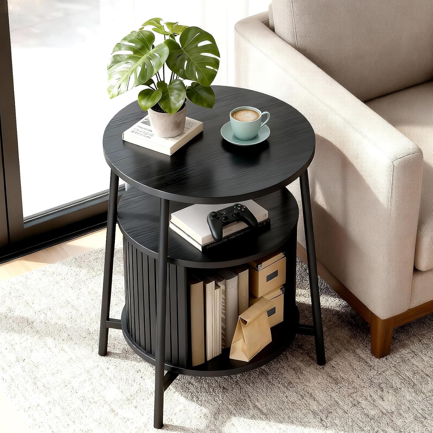 DHH Round End Tables Set of 2 & Charging Station, Fluted Accent Side Table with Sliding Door, Mid-Century Modern Nightstand Set of 2 for Small Space Storage, Living Room, Bedroom,Sofa Couch(2, Black)