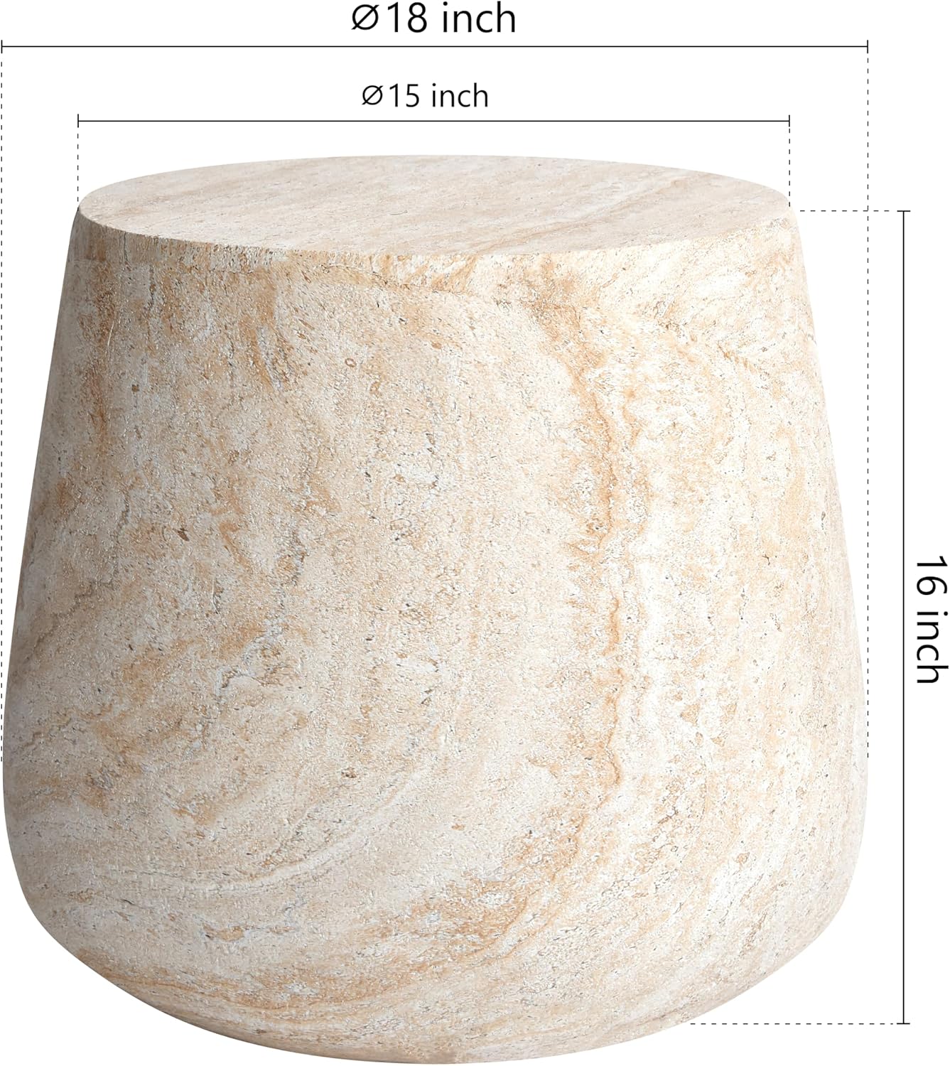 Empire Art Direct Barrel Travertine Stone Finish Italian Design MgO Side Accent Table, Living Room, Bedroom & Office, 18.8'x18.8'x16.1'