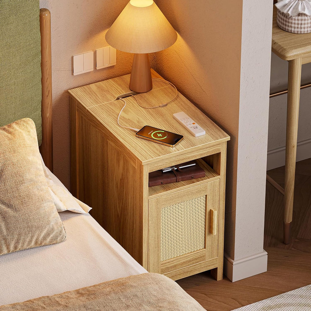 Huuger Narrow Night Stand Set of 2, End Table with Charging Station, USB-C Port, Rattan Side Table with Cabinet and Open Shelf, Synthetic Rattan, for Small Spaces, Bedroom, Natural Wood