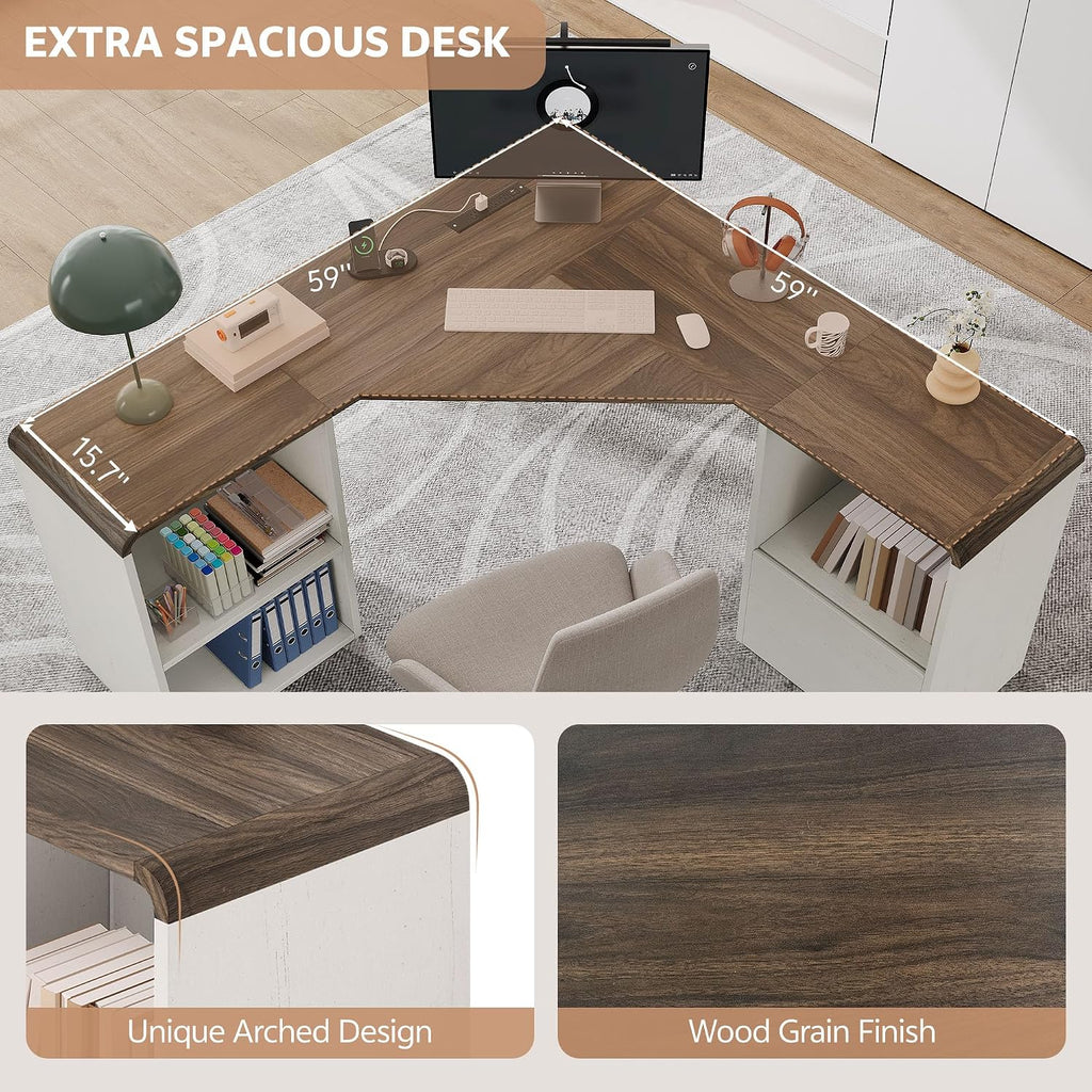 60' L Shaped Desk with File Drawer Modern Corner Computer Desk with Storage L Shape Home Office Desk Executive Desk with Power Outlets Storage Shelves File Cabinet for Working Writing White
