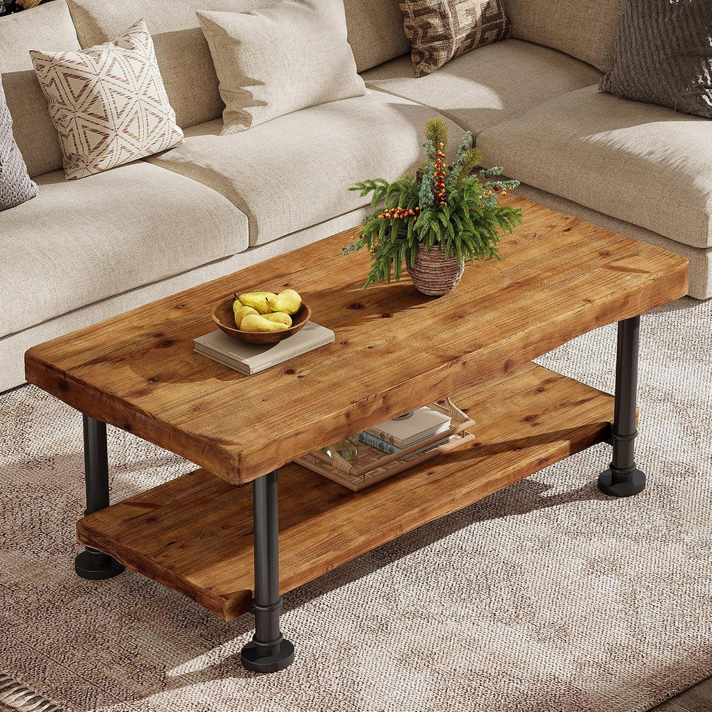 47' Coffee Table, Farmhouse Solid Wood Accent Center Table with 2-Tier Live Edge Shelf & Metal Legs, Rectangular Low Cocktail Tea Furniture for Living Room, Lounge, Brown and Black