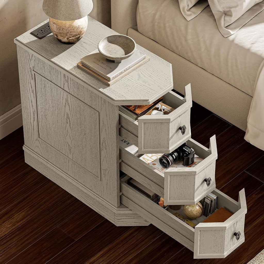 Nightstand with Charging Station, Vintage Wood End Table with 3 Drawer, Victoria Narrow Side Table, Slim Bedside Tables for Bedroom, Pre-Installation, Light Gray