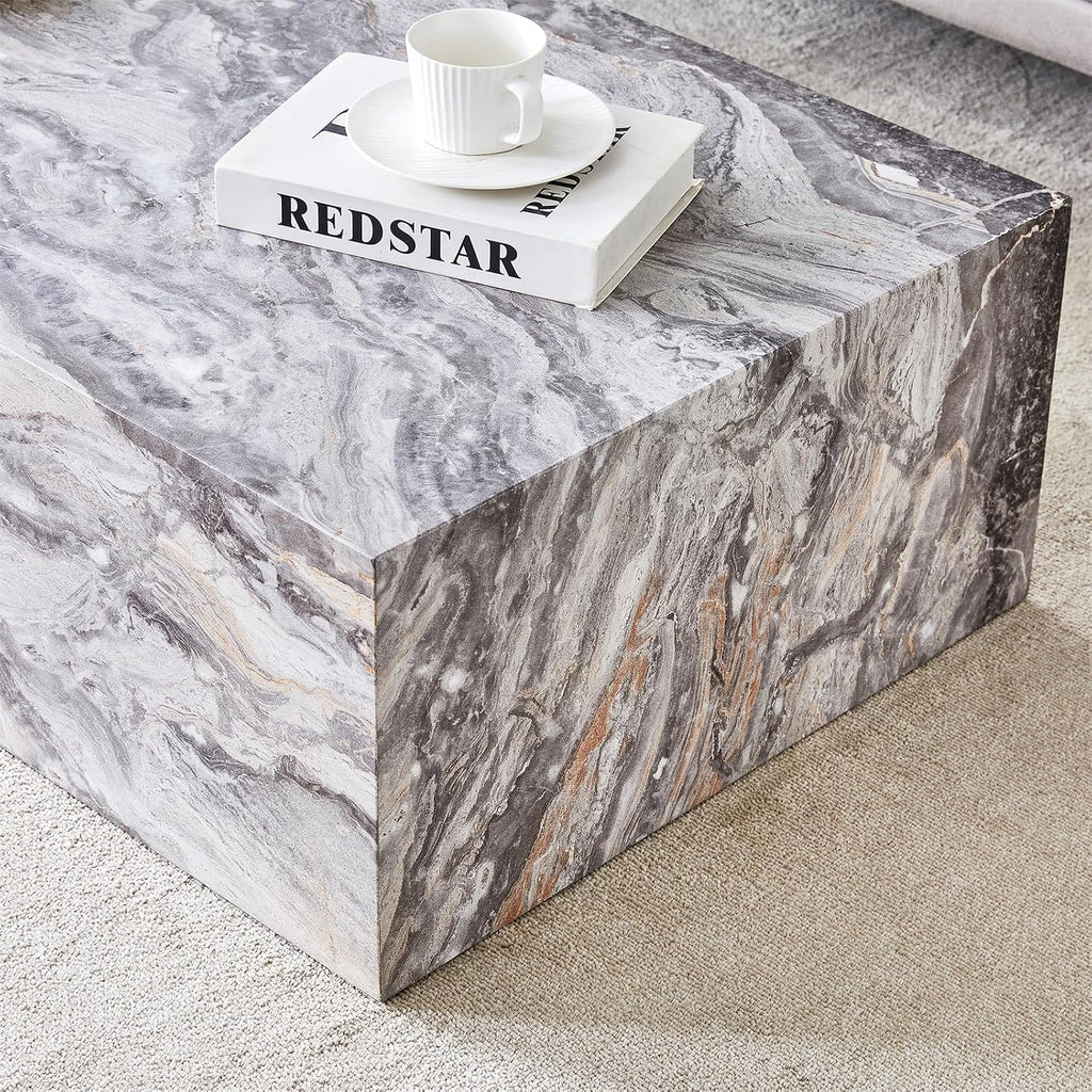 Grey Marble Coffee Table for Living Room Rectangular Faux Marble Center Tables Modern Elegant Wooden Cocktail Table for Home Office -Fully Assembled