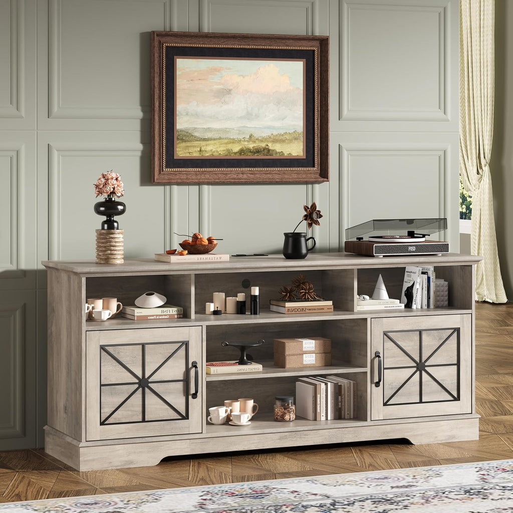Wodeer Grey TV Stand for TVs up to 65 Inches, 59'' Farmhouse Entertainment Center with Storage Cabinet, Adjustable Shelf and Power Outlet, LED TV Stands for Living Room, Bedroom