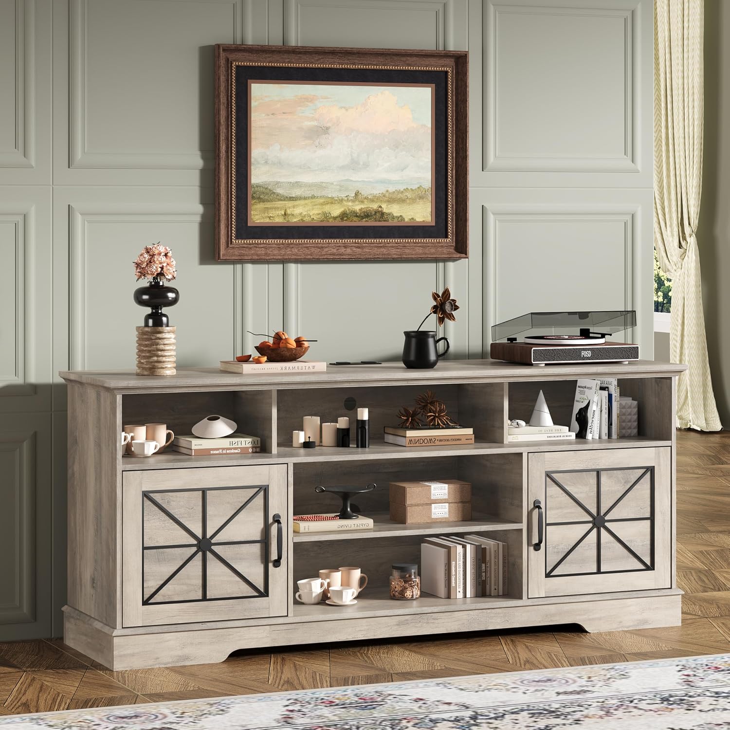Wodeer Grey TV Stand for TVs up to 65 Inches, 59'' Farmhouse Entertainment Center with Storage Cabinet, Adjustable Shelf and Power Outlet, LED TV Stands for Living Room, Bedroom