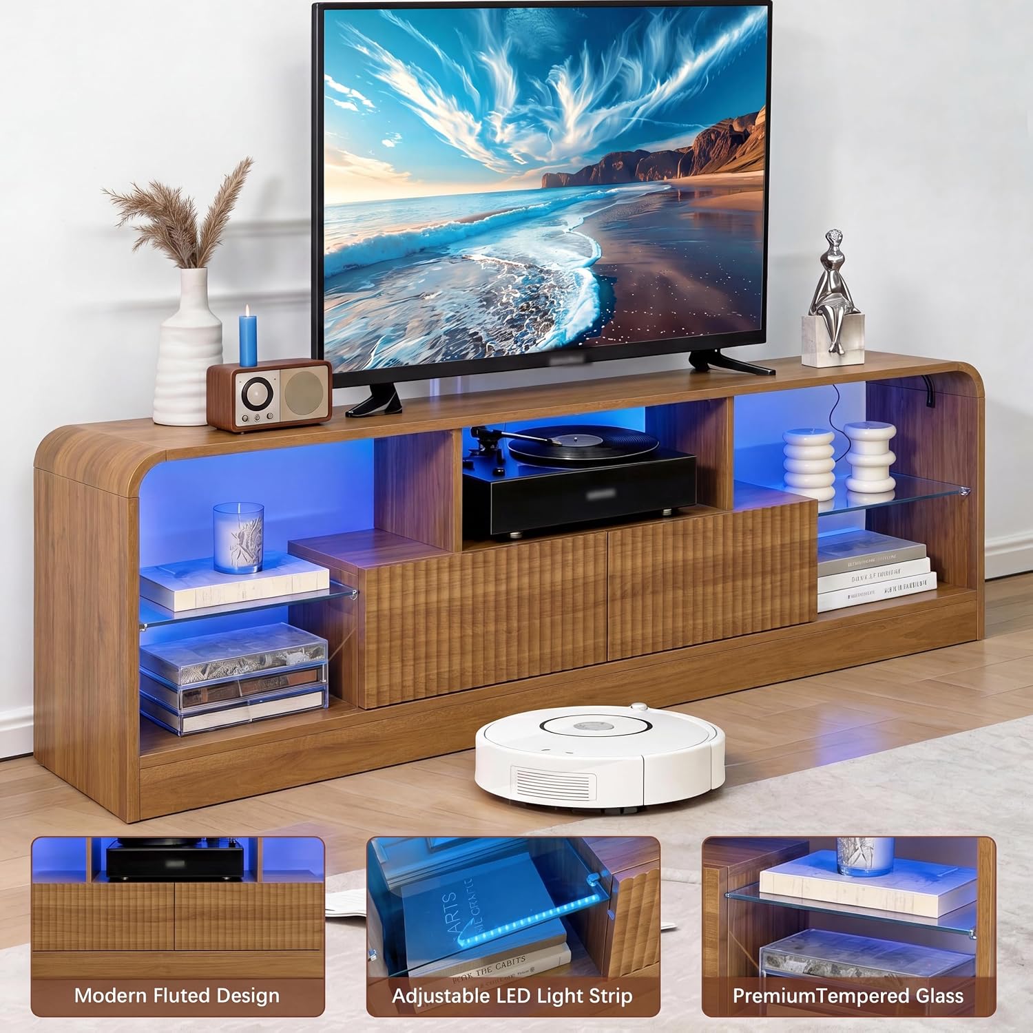 Mid Century Modern TV Stand for 55 60 65 70 75 Inch TVs, Fluted TV Stands for Living Room with LED Lights, 63'' Entertainment Center with 2 Large Drawers & Glass Shelves, Walnut