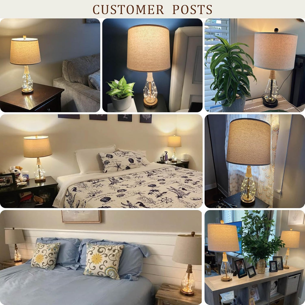 OYEARS 23' Table Lamps for Living Room Set of 2 Bedside Lamps for Night Stands Bedroom Lamps Farmhouse Rattan Boho Lamp Glass Nightlight End Table Lamp with USB C+A (White),Two Light Points