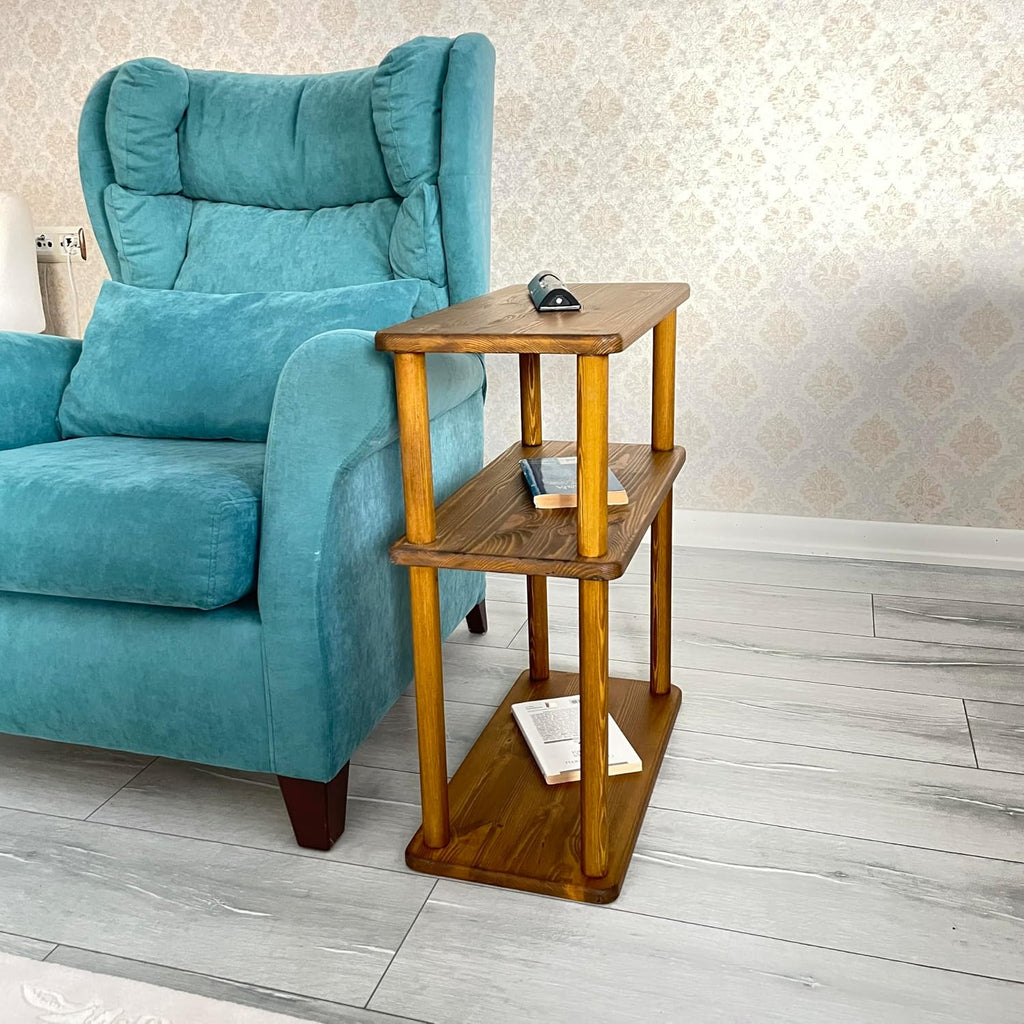 Handcrafted Solid 3-Tier Narrow Side Table, 10 Inch Pine Wood End Table for Living Room with Storage, Slim Bedside Table for Small Spaces, Nursery, Bedroom, Office (Chestnut, Low)