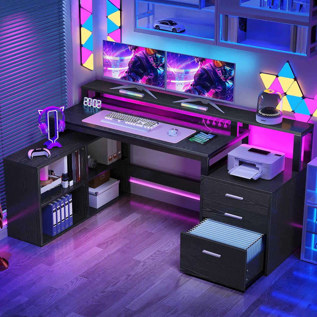 YITAHOME L Shaped Desk with 3 Drawers, 65' Corner Computer Desk with Power Outlets & LED Lights, L-Shaped Desk with File Cabinet & Printer Stand for Home Office, Black
