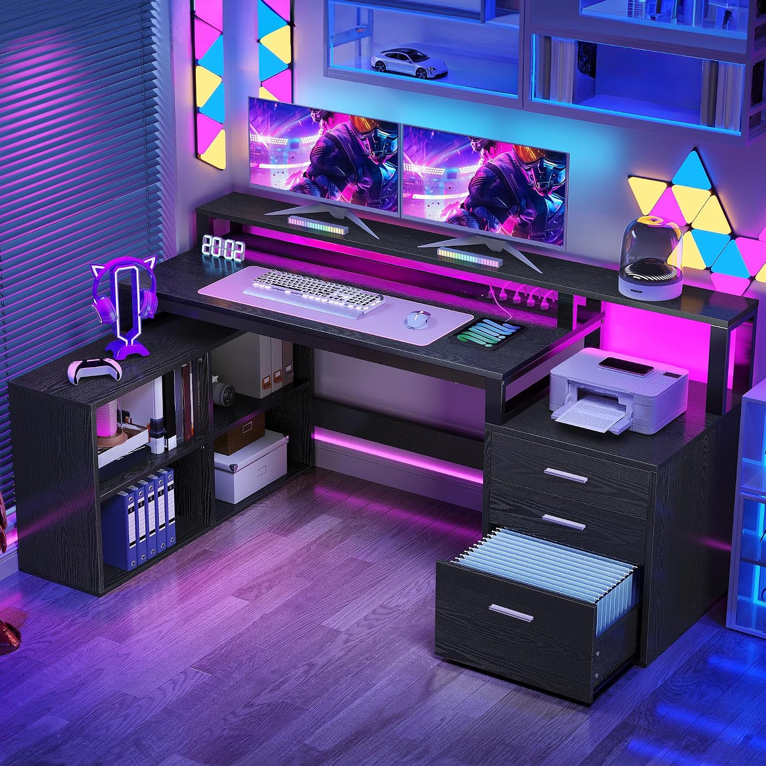 YITAHOME L Shaped Desk with 3 Drawers, 65' Corner Computer Desk with Power Outlets & LED Lights, L-Shaped Desk with File Cabinet & Printer Stand for Home Office, Black