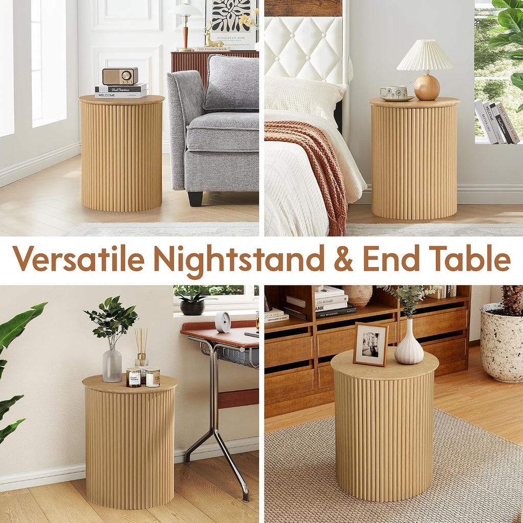 Round Fluted Side Table Set of 2, 17.7' Mid-Century Modern End Tables, Wooden Bedside Table Round Nightstand Small Circle Sofa Accent Table for Living Room, Bedroom Home(Natural)