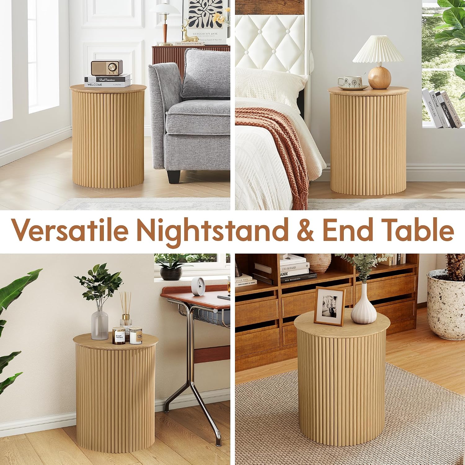 Round Fluted Side Table Set of 2, 17.7' Mid-Century Modern End Tables, Wooden Bedside Table Round Nightstand Small Circle Sofa Accent Table for Living Room, Bedroom Home(Natural)