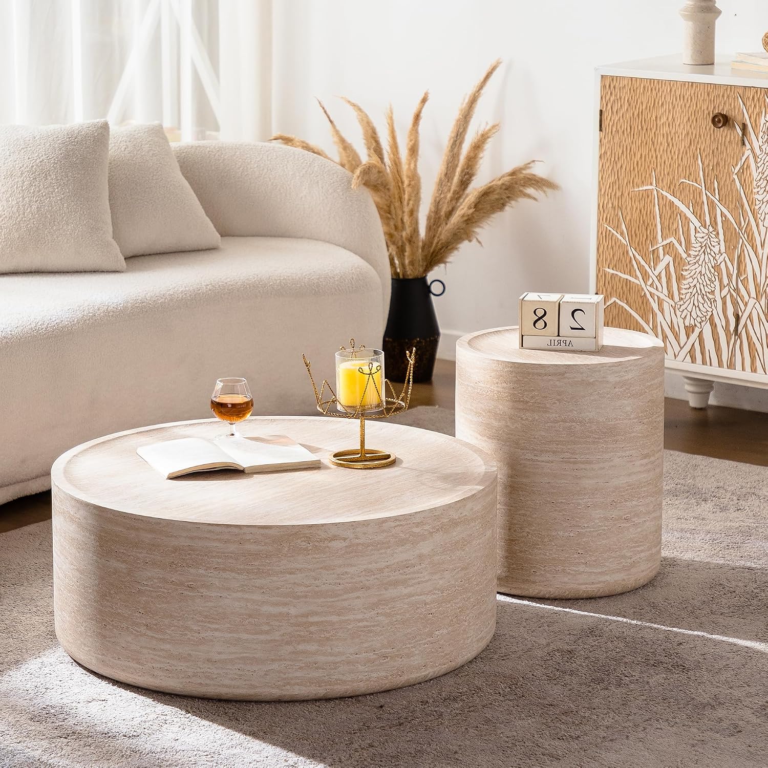 Modern Drum-Shape Coffee Table for Living Room 31.5' Round Cocktail Center Table Faux Travertine Finish Circle Coffee Tables for Home Office, Fully Assembled