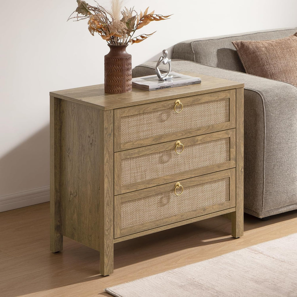 SICOTAS Night Stand with Drawers, Large Rattan Bedside Table with Golden Handle, 3 Drawers Nightstand Tall End Table Side Table Boho Nightstand for Bedroom