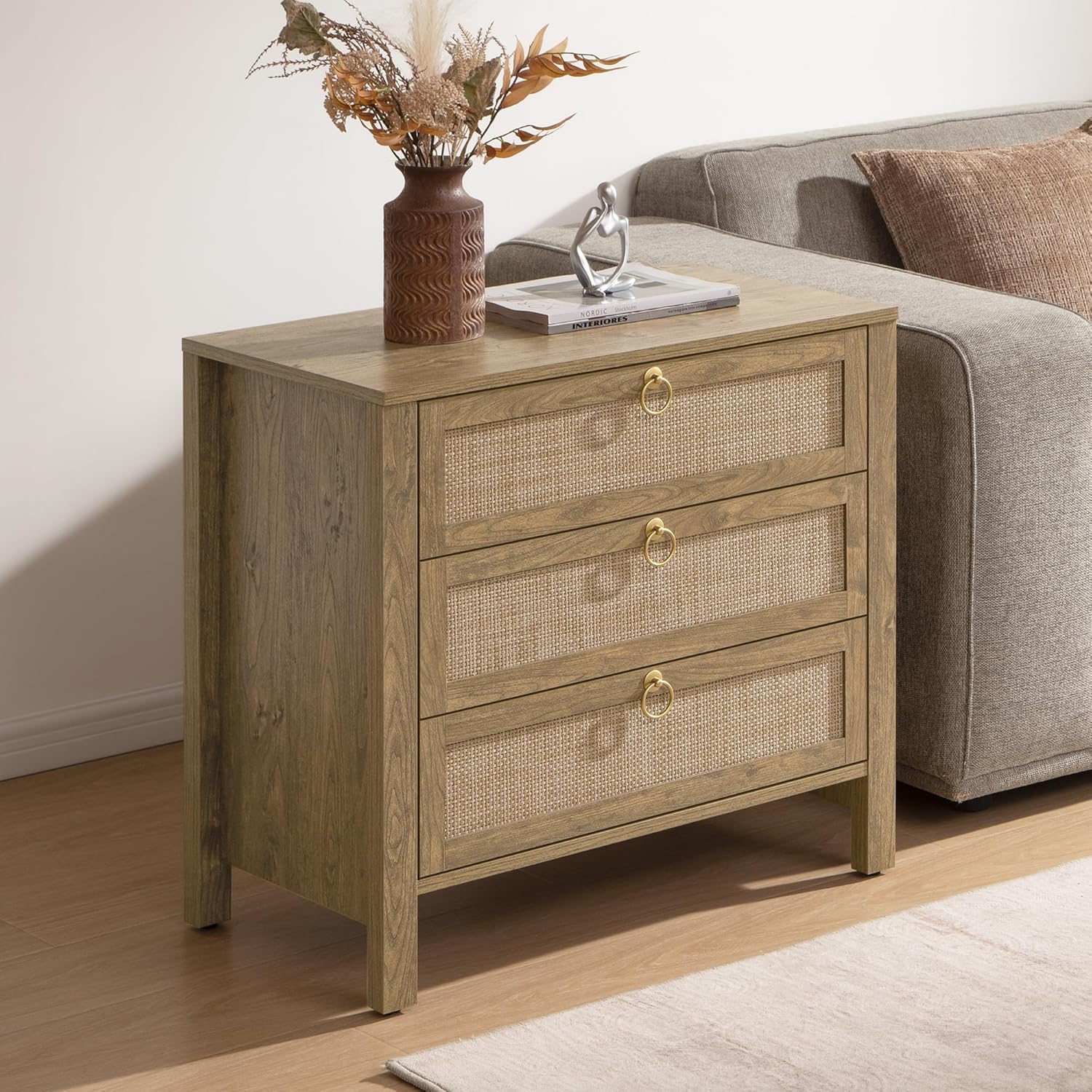 SICOTAS Nightstand Set of 2 with Drawers, Rattan Nightstands, Large Modern Boho Night Stand Wide Bedside Tables for Bedroom