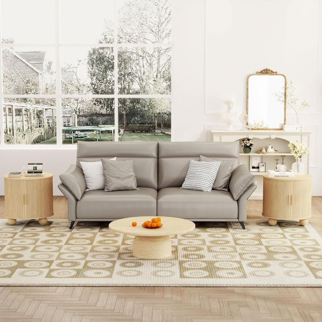 24' End Table with Charging Station, Farmhouse Round Fluted Wood Night Stand, Mid-Century Large Side Table with Storage & Sliding Door for Living Room, Bedroom (Round, Natural)