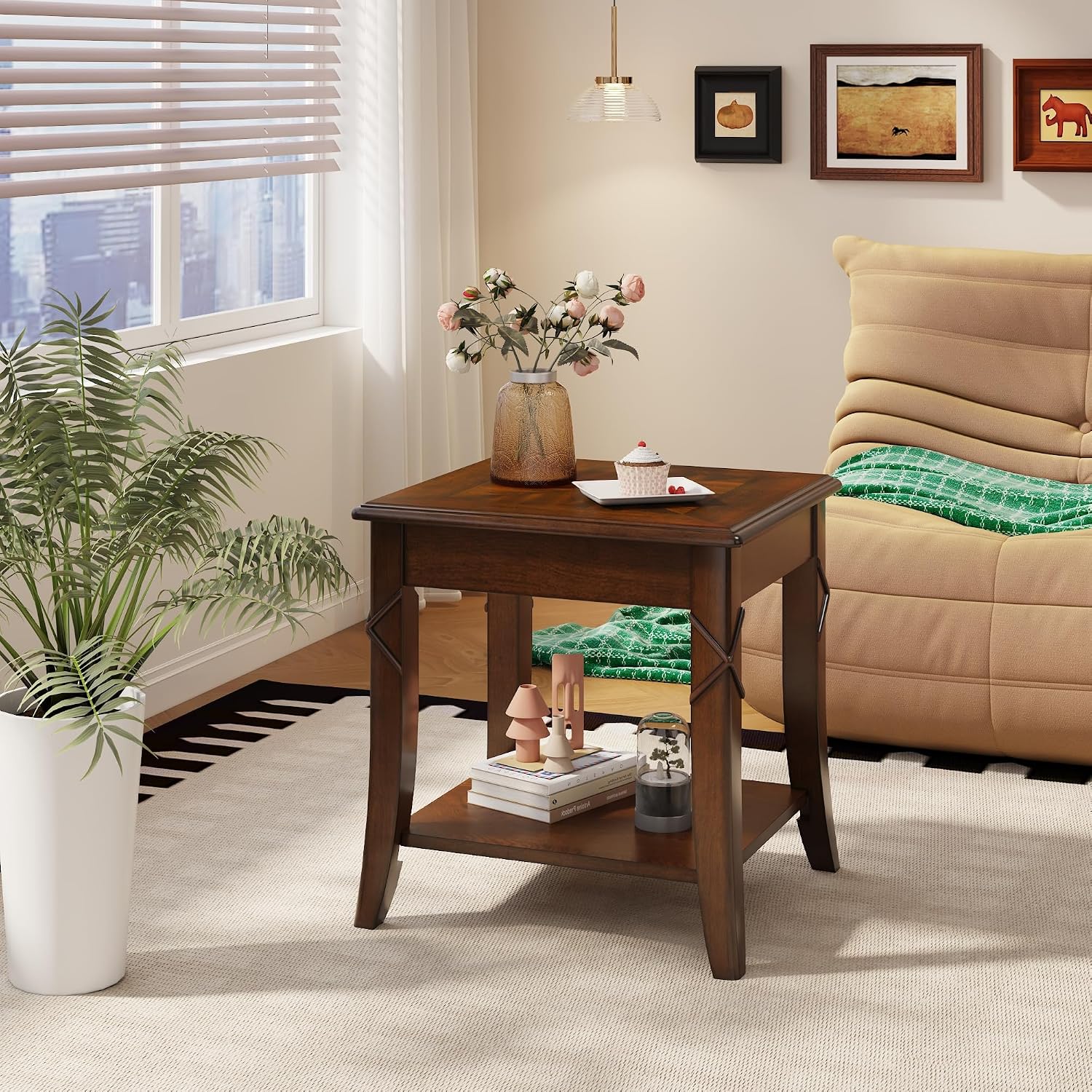 Solid Wood End Table with Storage Shelf, Vintage Rectangle Sofa Side Table with Splicing Tabletop and Carved Leg, BesideTelephone Table Cherry Brown,19.7 * 17.7 * 19.7in CJZ-DR200