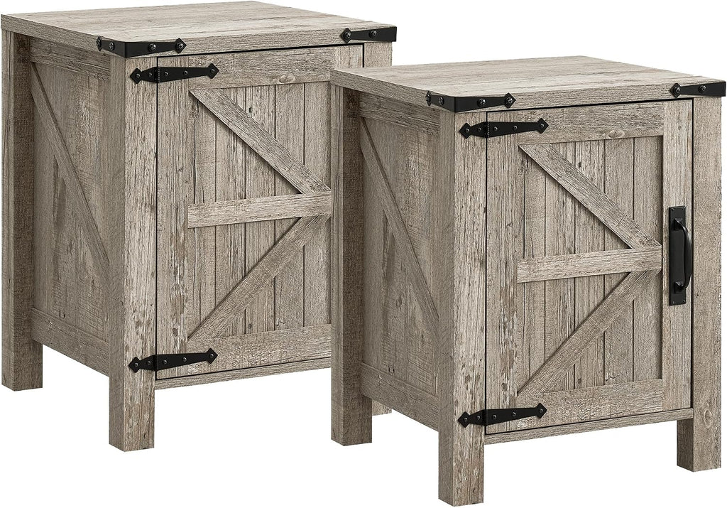 OKD Farmhouse Nightstand Set of 2 with Charging Station, 18 Inch Rustic End Table with Barn Door Cabinet, Adjustable Storage Shelf, Wood Sofa Side Table for Living Room, Bedroom, Light Rustic Oak