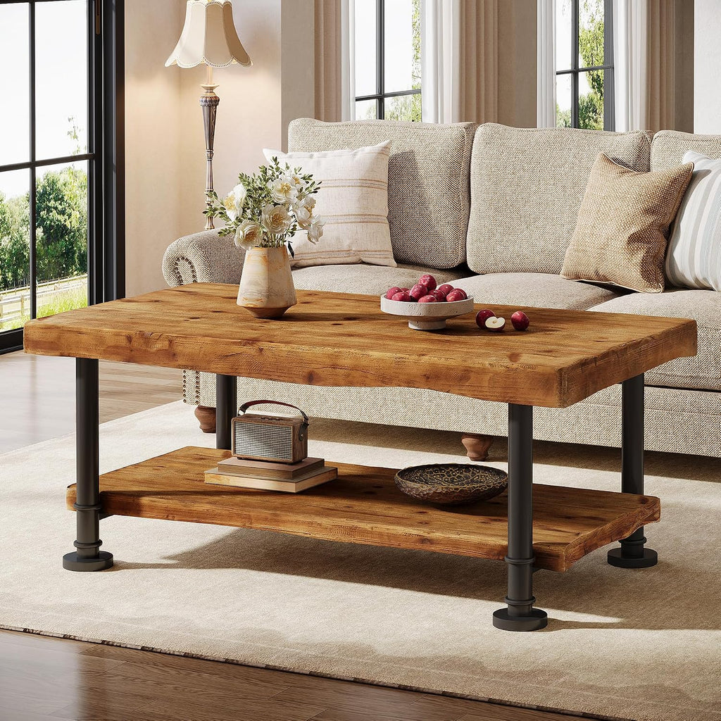 47' Coffee Table, Farmhouse Solid Wood Accent Center Table with 2-Tier Live Edge Shelf & Metal Legs, Rectangular Low Cocktail Tea Furniture for Living Room, Lounge, Brown and Black