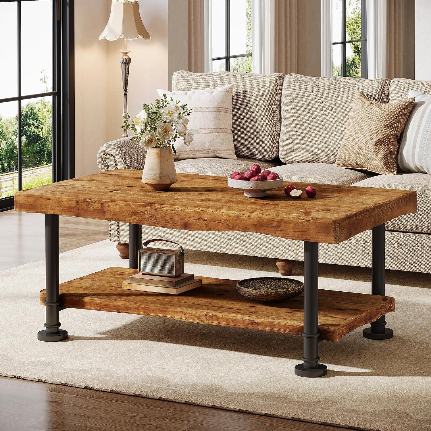 47' Coffee Table, Farmhouse Solid Wood Accent Center Table with 2-Tier Live Edge Shelf & Metal Legs, Rectangular Low Cocktail Tea Furniture for Living Room, Lounge, Brown and Black