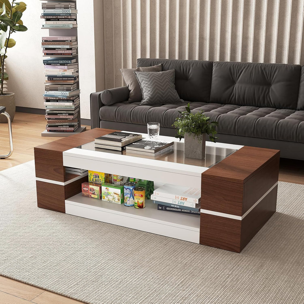 HedoAjim 47.2' Modern Stylish Coffee Table with Glass Table Top, Large Living Room Table Rectangular 2-Tier Center Tables with Storage, Wood Cocktail Tea Tables for Dining Reception Room White Walnut