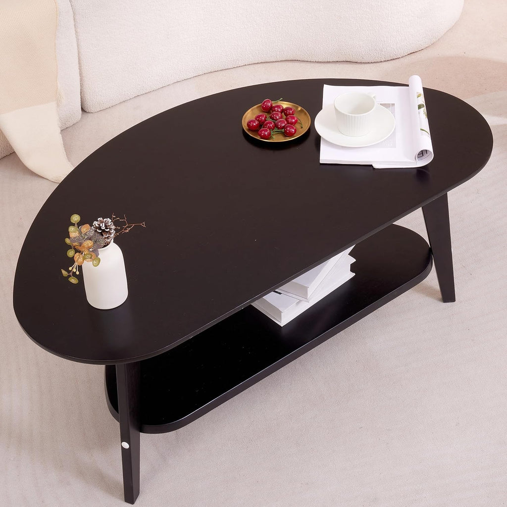 NAVREX Mid Century Modern Coffee Table, Oval Coffee Tables with Storage for Living Room, 2 Tier Solid Wood Center Table, Black Coffe Tables, Value Lies in Material, Easy Assembly, 40.2'*22'