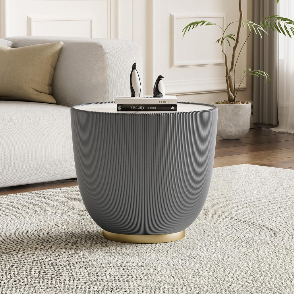 Modern Round End Table Luxury Sintered Stone Top Coffee Table in Grey Leatherette Creative Bowl-Shape Small Coffee Side End Table for Living Room Bedroom,Fully Assembled