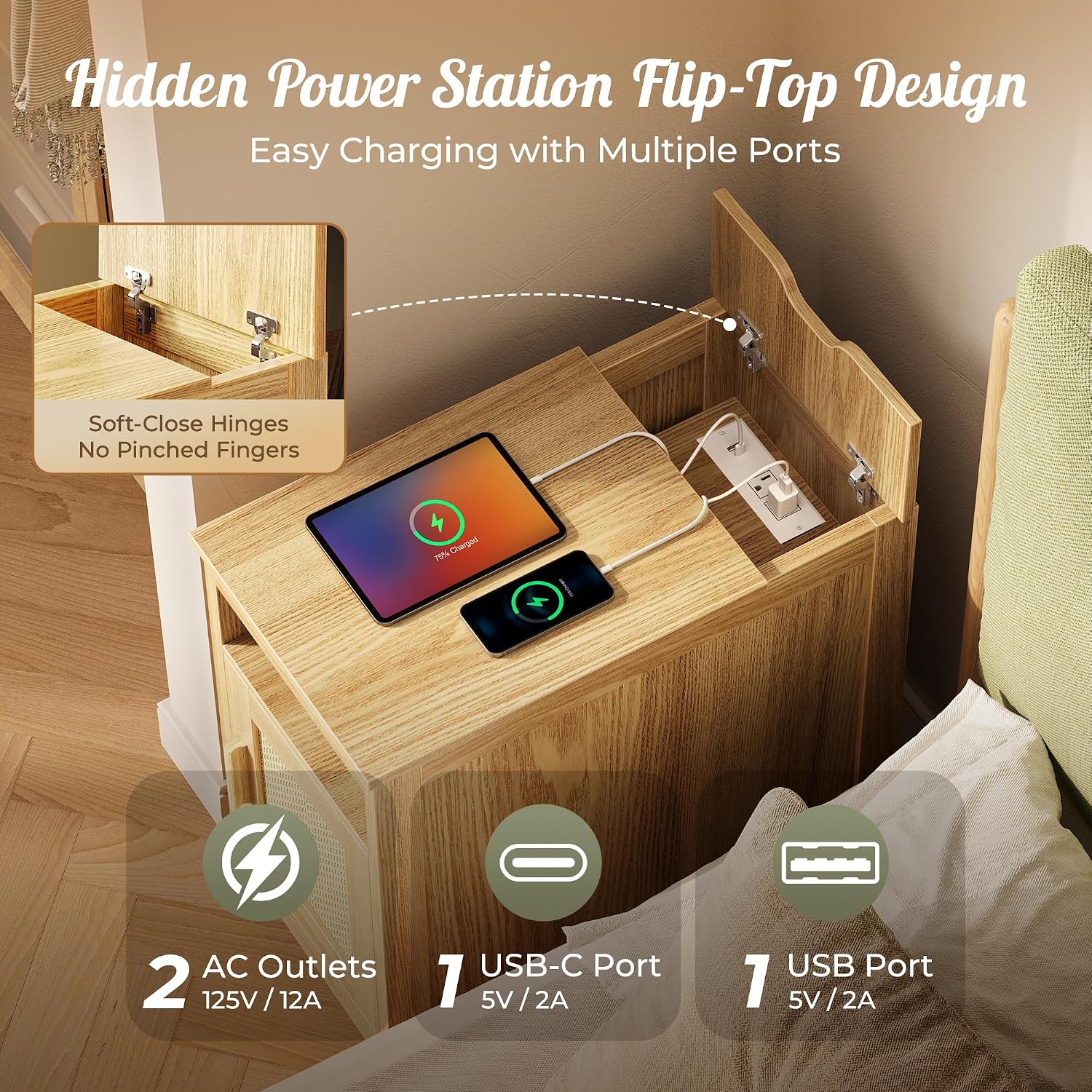 Huuger Narrow Night Stand Set of 2, End Table with Charging Station, USB-C Port, Rattan Side Table with Cabinet and Open Shelf, Synthetic Rattan, for Small Spaces, Bedroom, Natural Wood