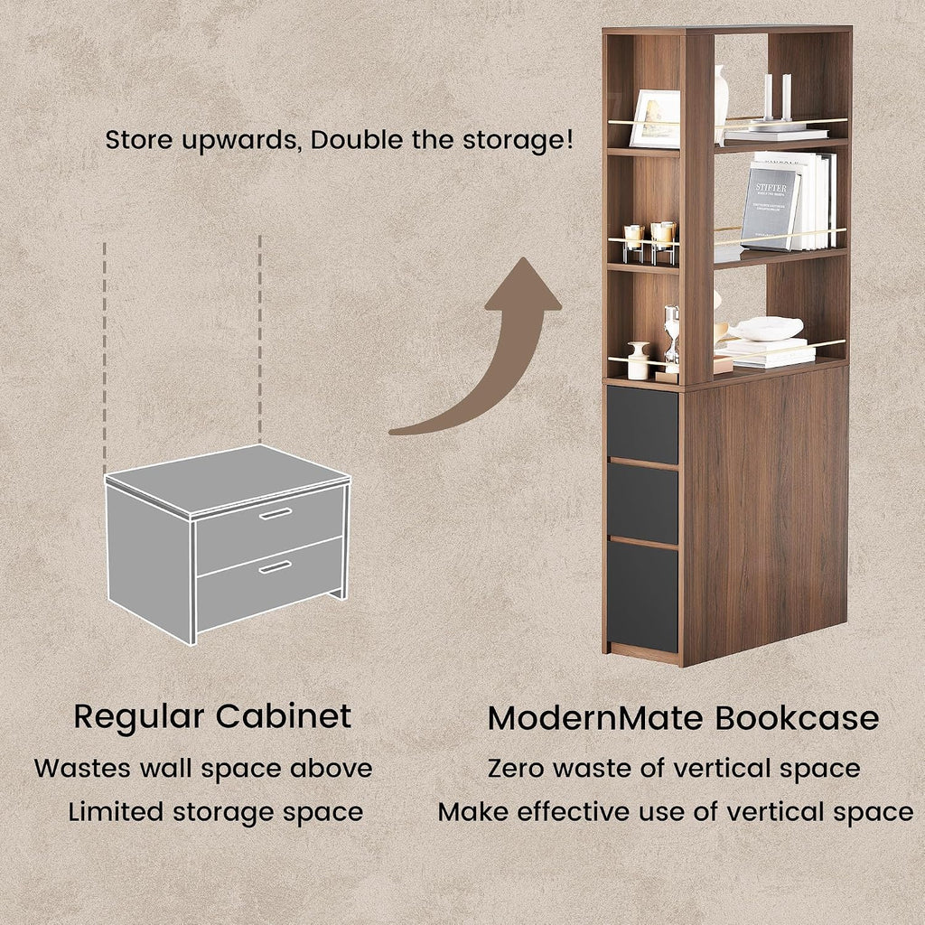 ModernMate 71' Tall Corner Bookshelf with 3 Drawers, Narrow Bookcase | 3-Tier Double-Sided Slim Bookcase for Small Space, Display Storage Shelves for Living Room, Home Office, Study, Black Walnut