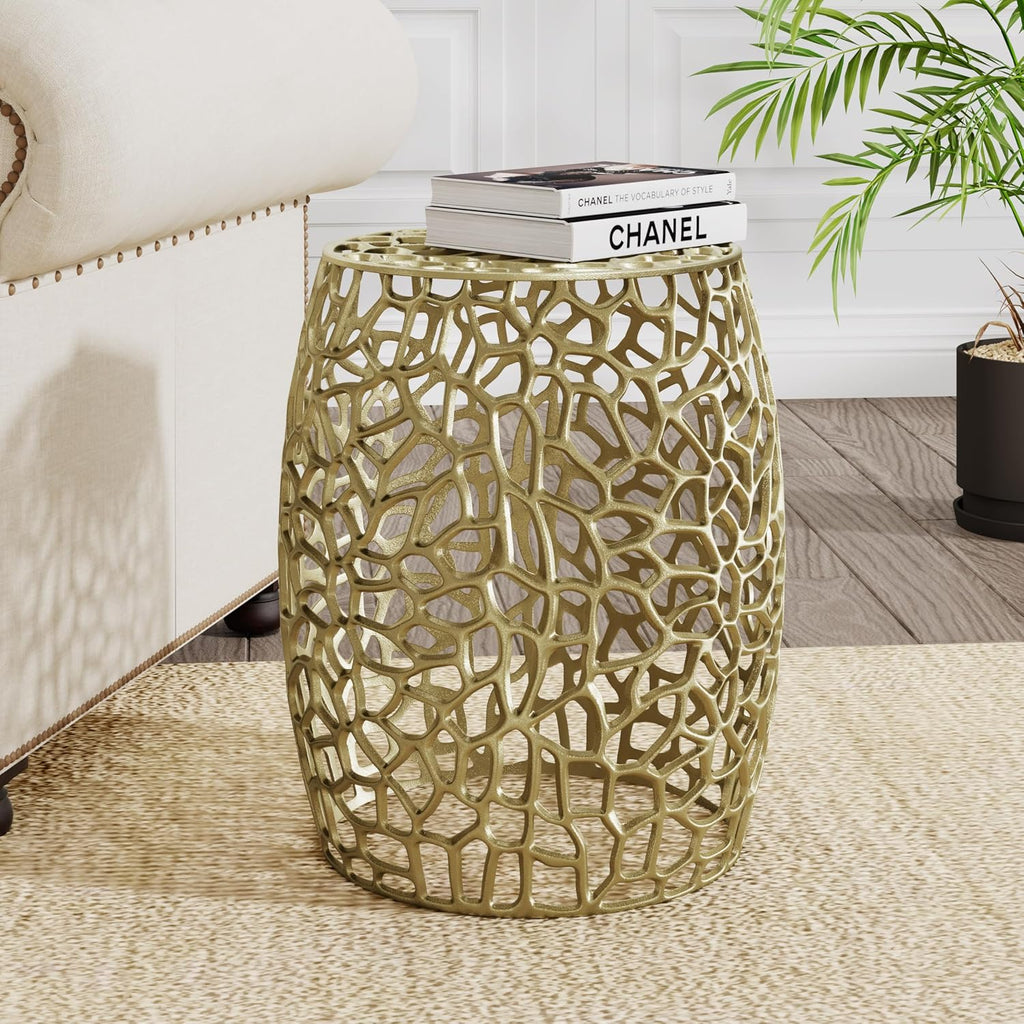 Christopher Knight Home Helast Aluminium Side Table, 14.00'' W Round Sofa Side Table, Modern Indoor Accent Table for Living Room Bedroom Home Office, Abstract Hollow, Gold