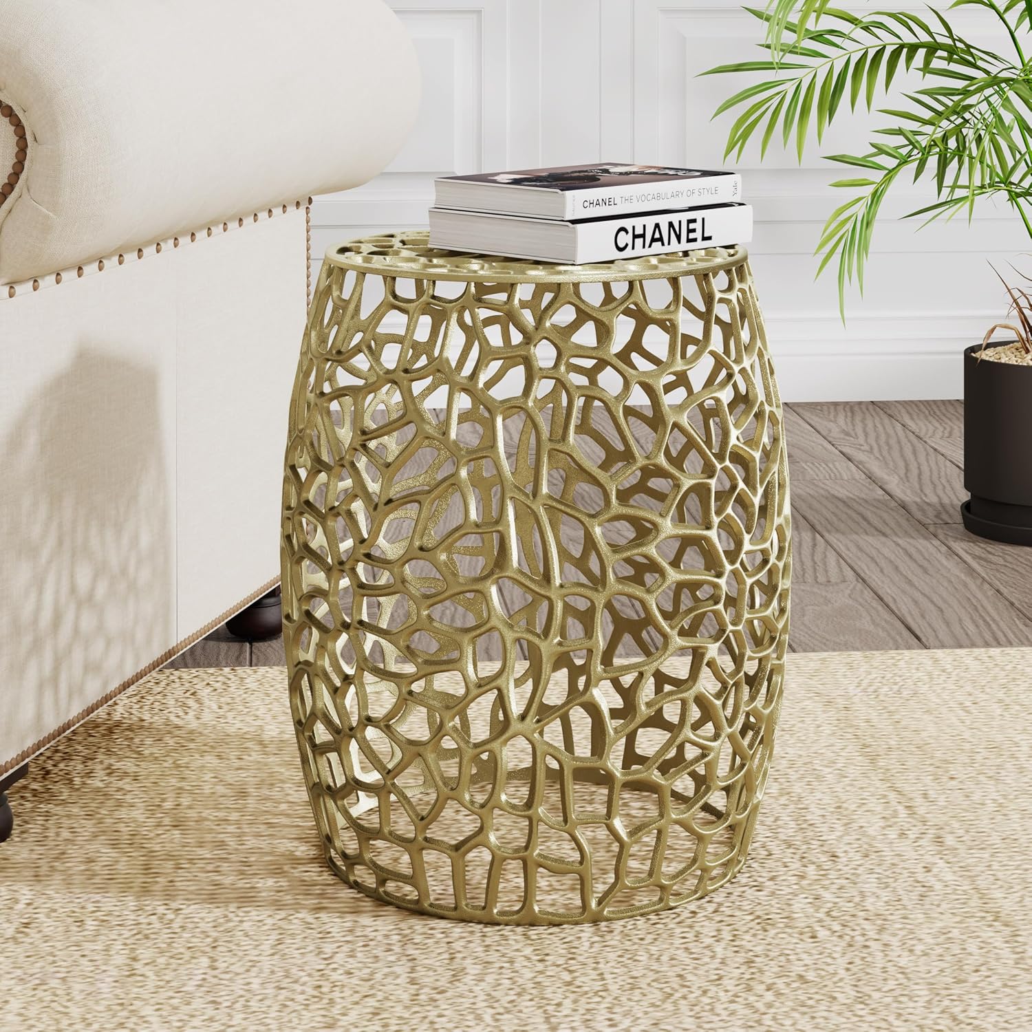 Christopher Knight Home Helast Aluminium Side Table, 14.00'' W Round Sofa Side Table, Modern Indoor Accent Table for Living Room Bedroom Home Office, Abstract Hollow, Gold