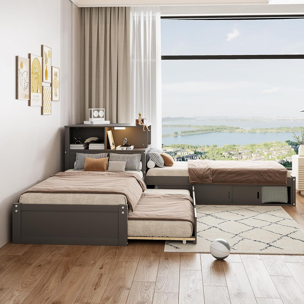 Ball & Cast Twin Size L-Shaped Platform Bed with Storage Cabinets and Multifunctional Desk,Wood Corner Daybed w/Trundle & LED Light,No Box Spring Needed,for Bedroom,Guest Room,Living Room,Grey
