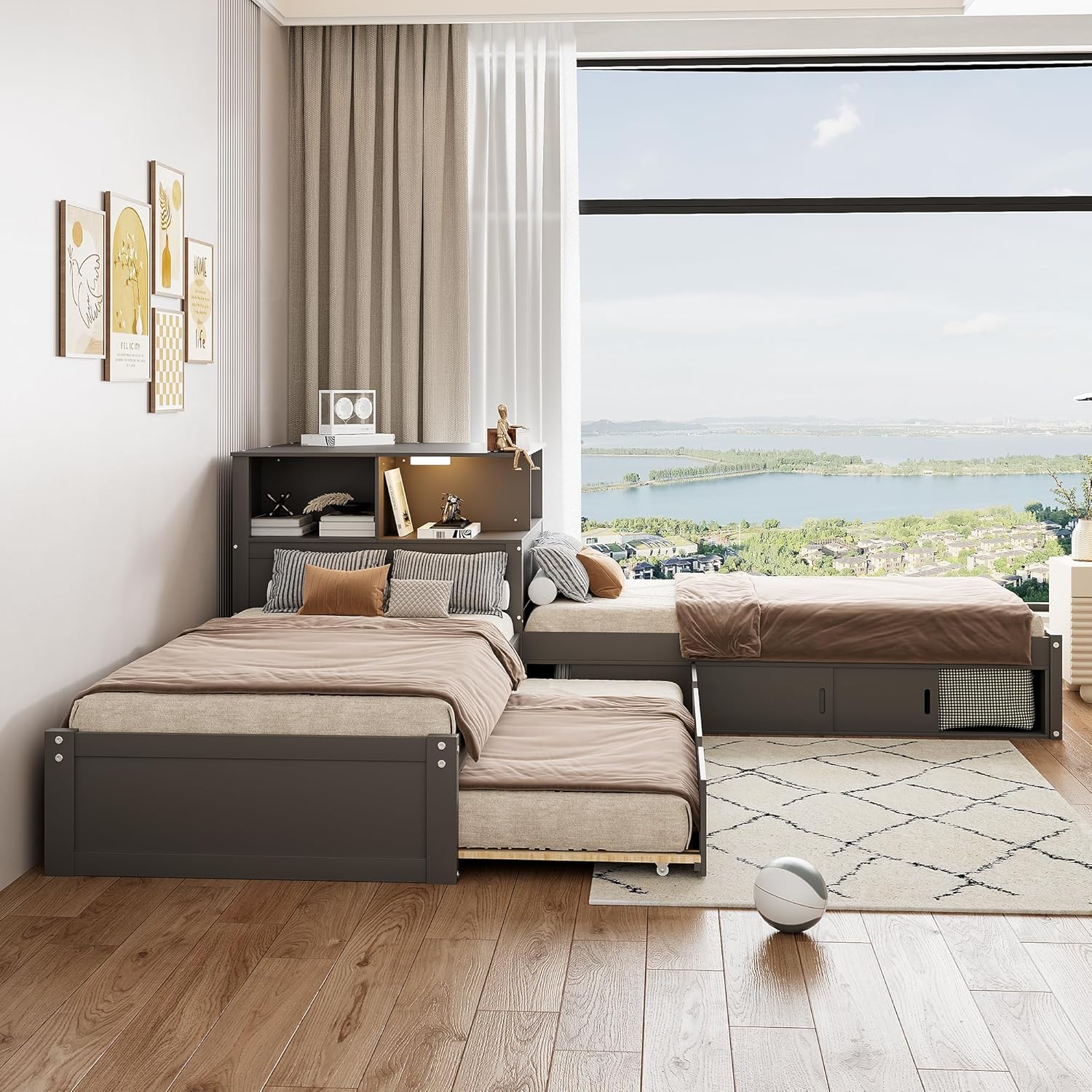 Ball & Cast Twin Size L-Shaped Platform Bed with Storage Cabinets and Multifunctional Desk,Wood Corner Daybed w/Trundle & LED Light,No Box Spring Needed,for Bedroom,Guest Room,Living Room,Grey