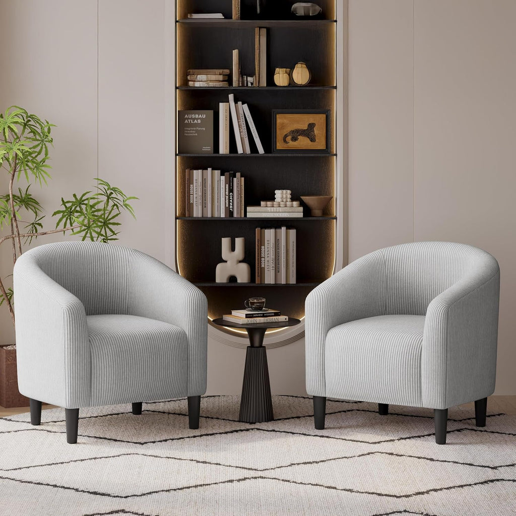 Yaheetech Accent Barrel Chair, Corduroy Fabric Club Chair, Furry Sherpa Elegant Armchair with Cozy Soft Padded for Living Room Bedroom Reception Room Office, Set of 2, Light Gray